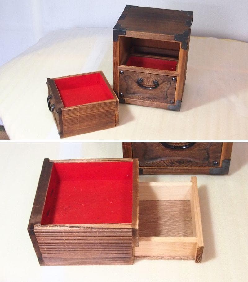 【良品】焼杉 隠し収納付き小引き出し＆裁縫箱 からくり収納/針箱 家具インテリア
