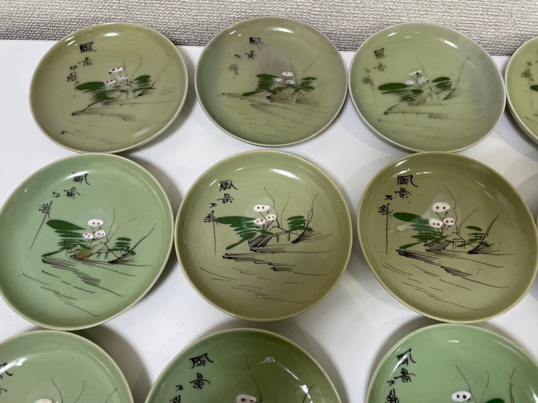 【現状品】クロム青磁 陶器 青磁 皿 風景画 アンティーク 割烹 懐石 15枚