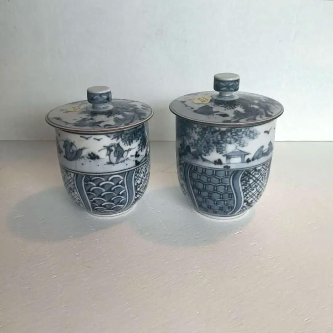 ⭐︎新品⭐︎ 清水焼 平安瑞昭染付風景文　フタ付夫婦茶碗2客木箱付　【宅配便送料込】