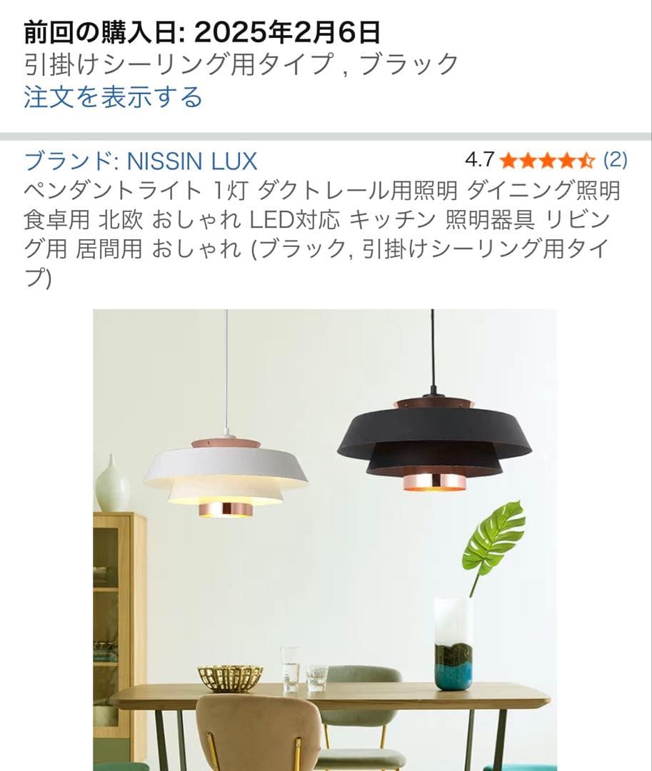 NISSIN LUX ペンダントライト ブラック　北欧風