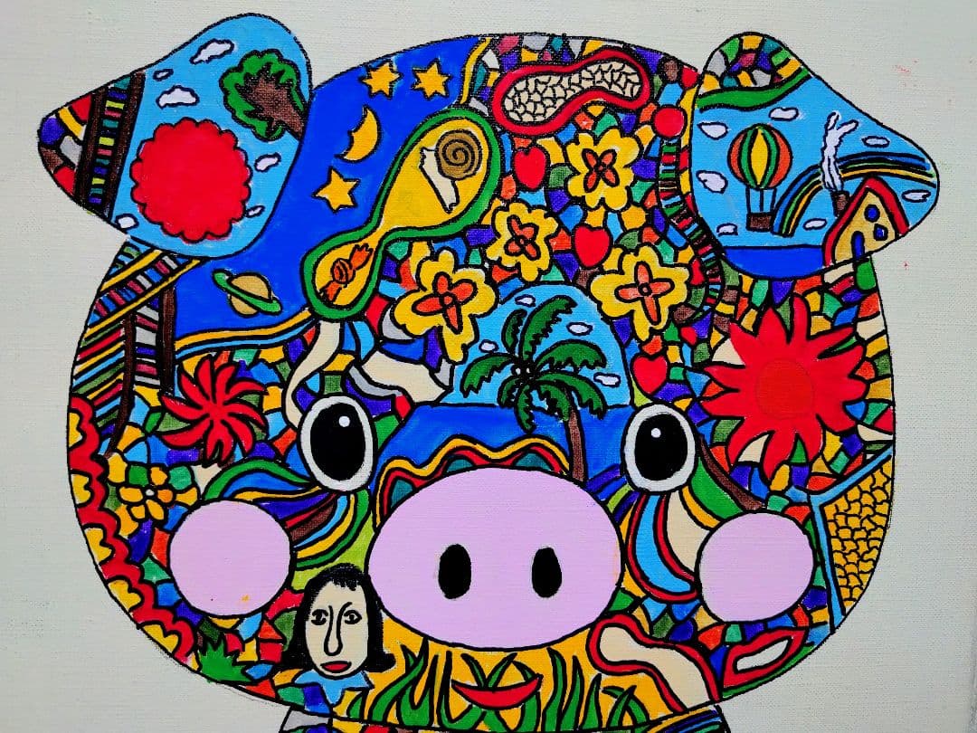 【F6号】ジミー大西【Pig】手描き作品/表裏サイン/油彩/アクリル/絵画/額縁