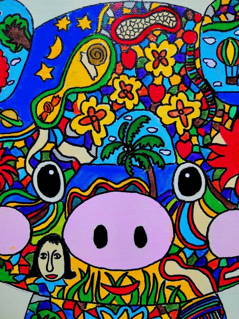 【F6号】ジミー大西【Pig】手描き作品/表裏サイン/油彩/アクリル/絵画/額縁