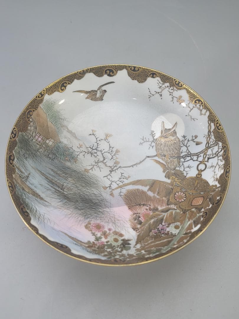 明治 九谷 金彩 草花鳥梟細密画 高碗 超絶技巧 美品 DT803
