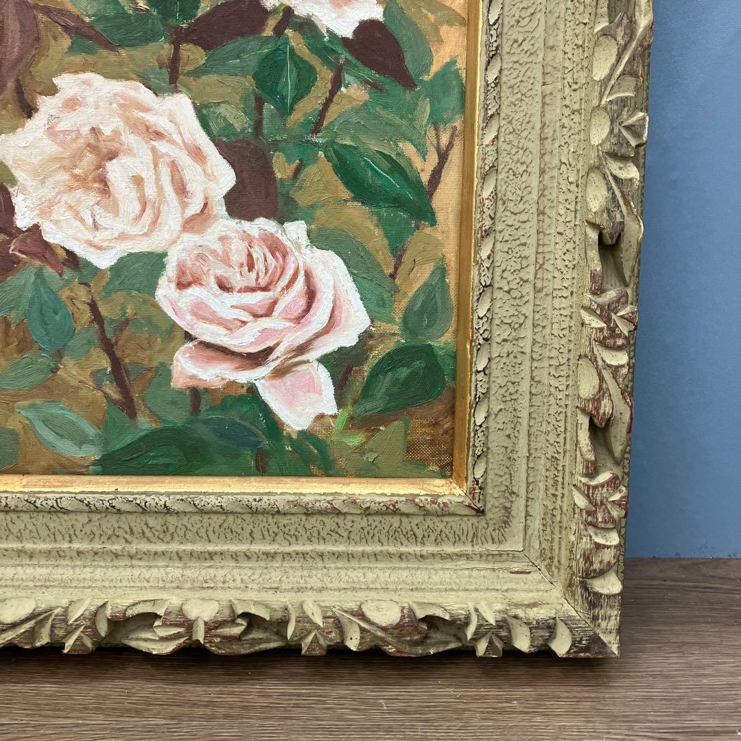 薔薇 油彩画 額装 豪華アンティーク 額縁 静物画 壁飾り 壁掛け 立掛け