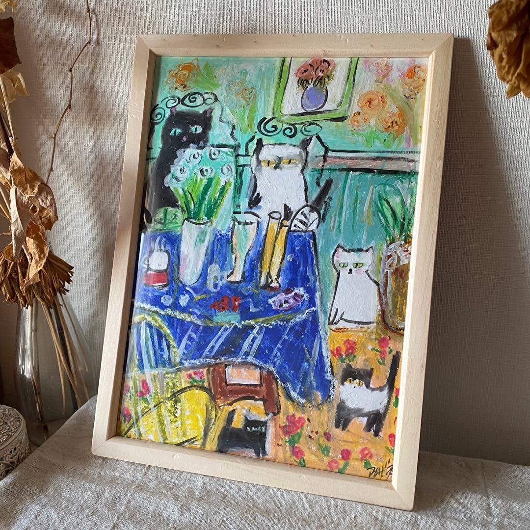 絵画 。手描き【花と食べ物でいっぱいのレストラン、猫たちの楽しいデートと遊び】