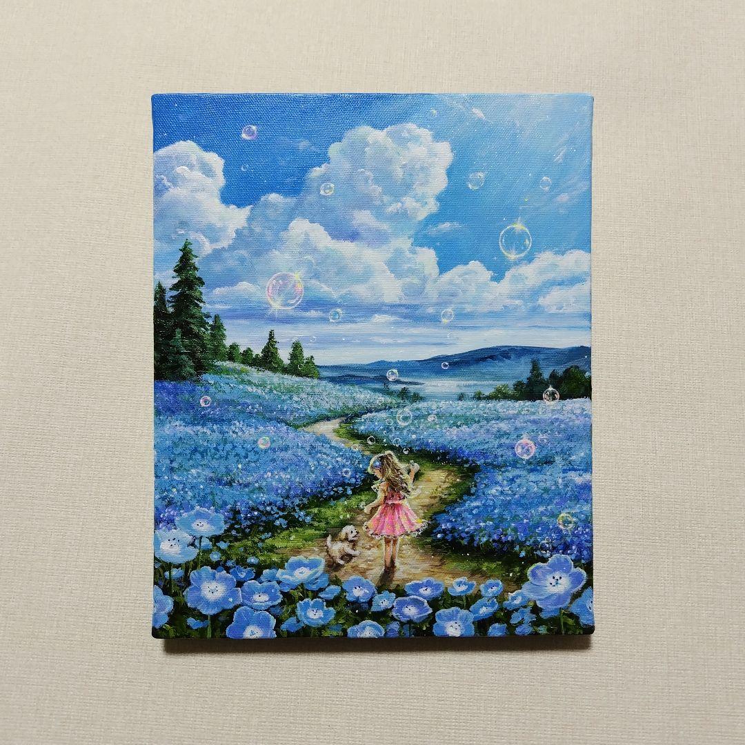 【ネモフィラ散歩道】アクリル画 F3 風景画 絵画