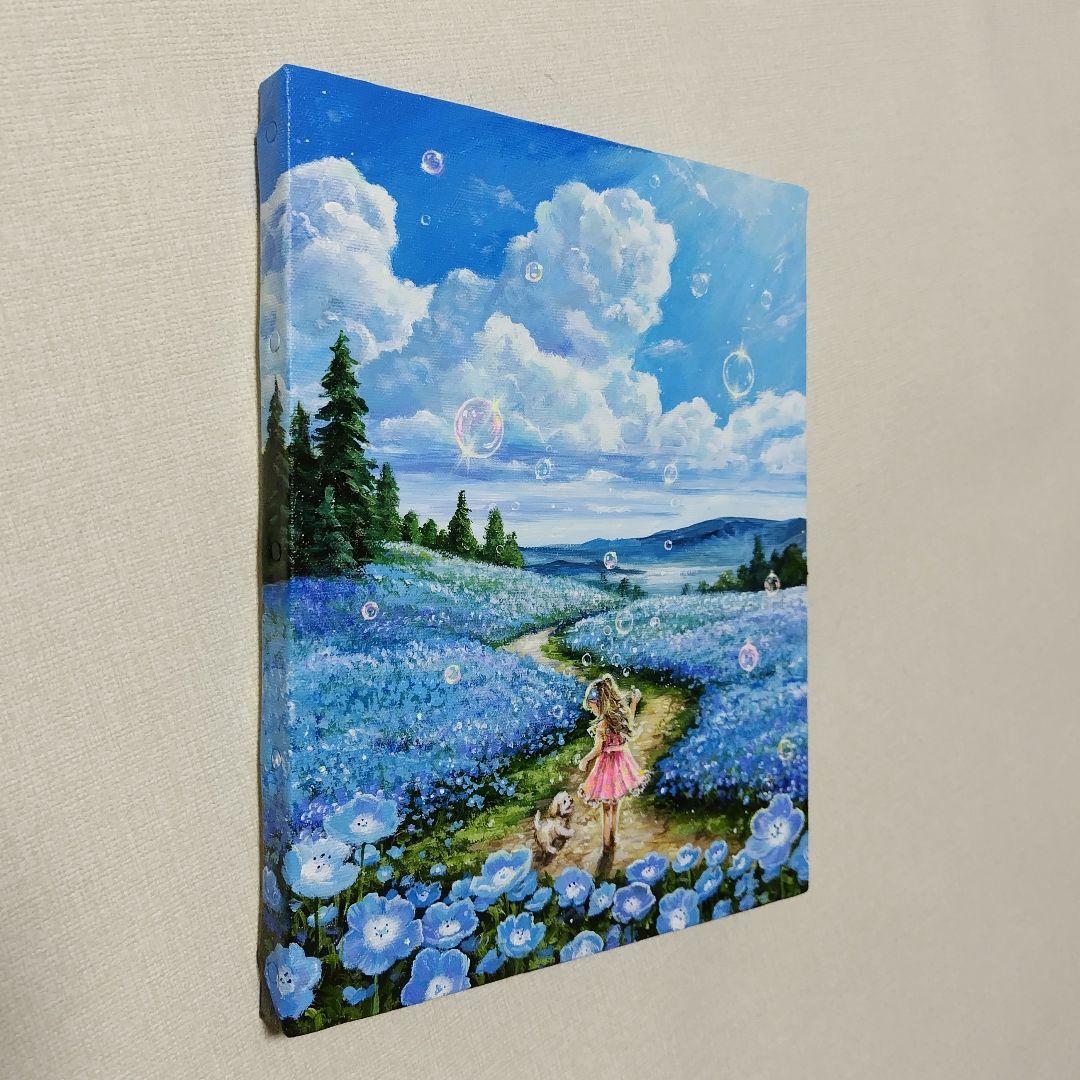 【ネモフィラ散歩道】アクリル画 F3 風景画 絵画
