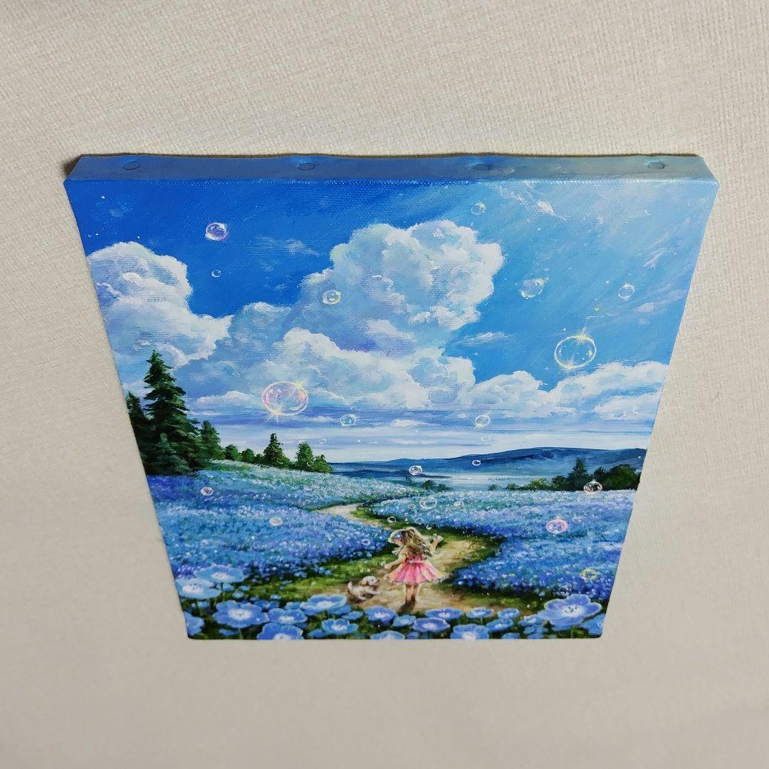 【ネモフィラ散歩道】アクリル画 F3 風景画 絵画