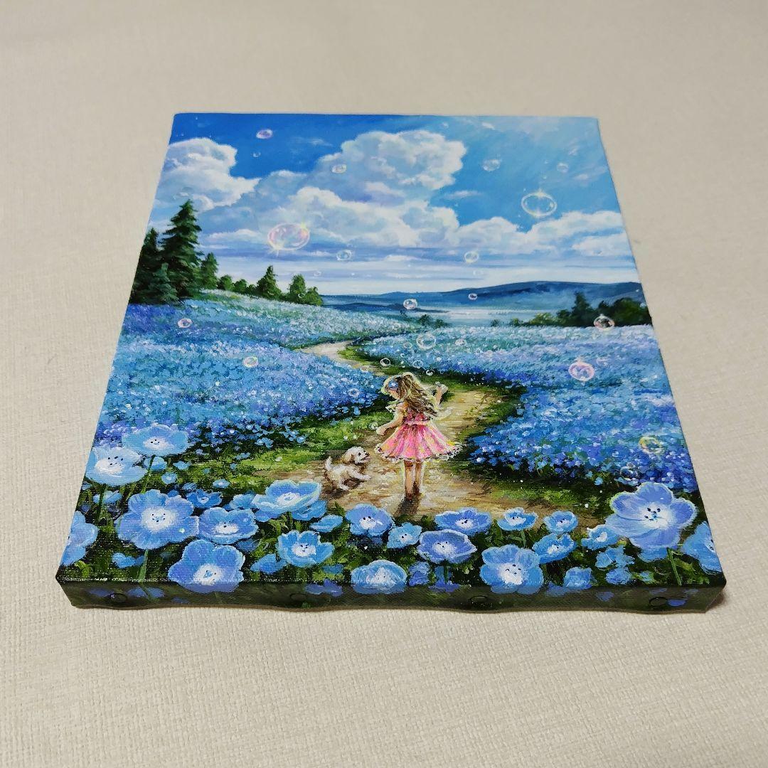 【ネモフィラ散歩道】アクリル画 F3 風景画 絵画