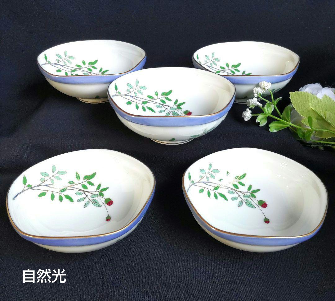 新品　香蘭社　吾亦紅小鉢　五角形お取鉢銘々皿　染錦金彩　５客　箱入り　しおり付