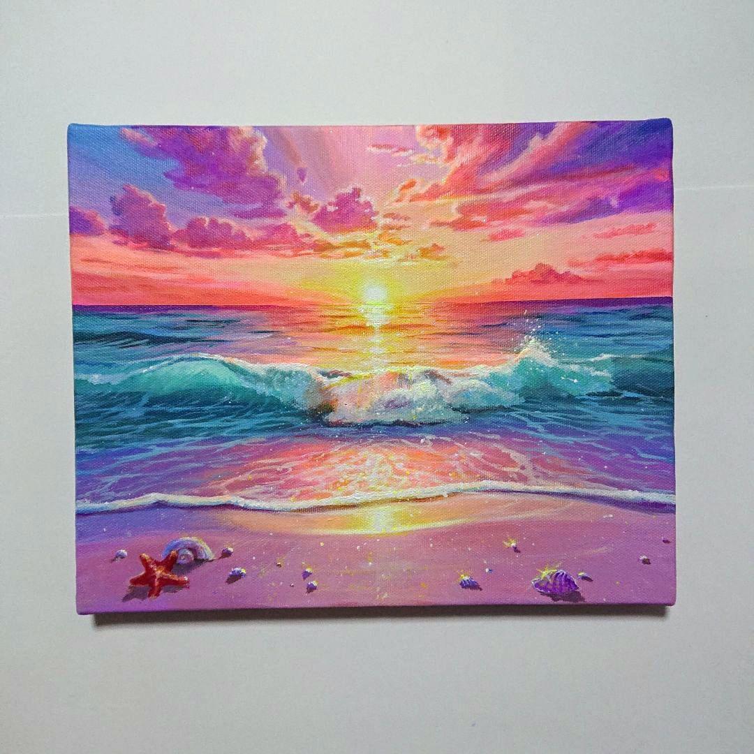 【真夏の夕焼け】アクリル画 F3 風景画 絵画