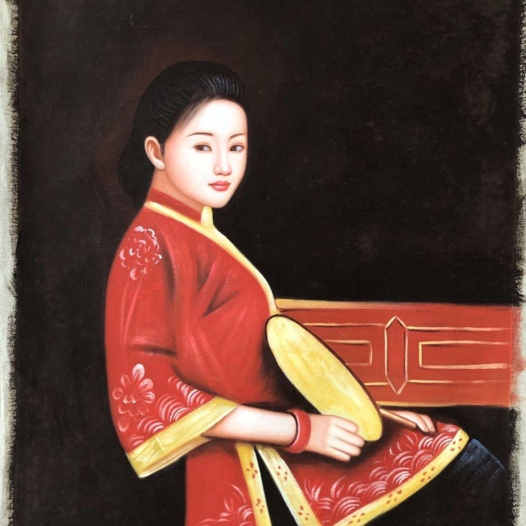 純手描き 油画 人物画 陳逸飛 作品図 中国絵画 約104×74cm 未表装
