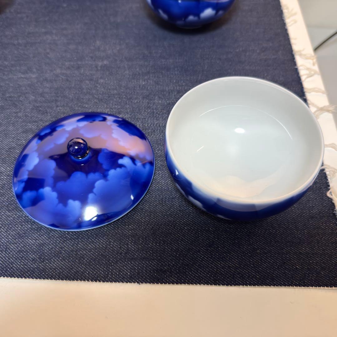 宮内庁御用達 深川製磁 瑠璃 山水 蓋付湯呑 7客揃 美品 有田 フカガワブルー