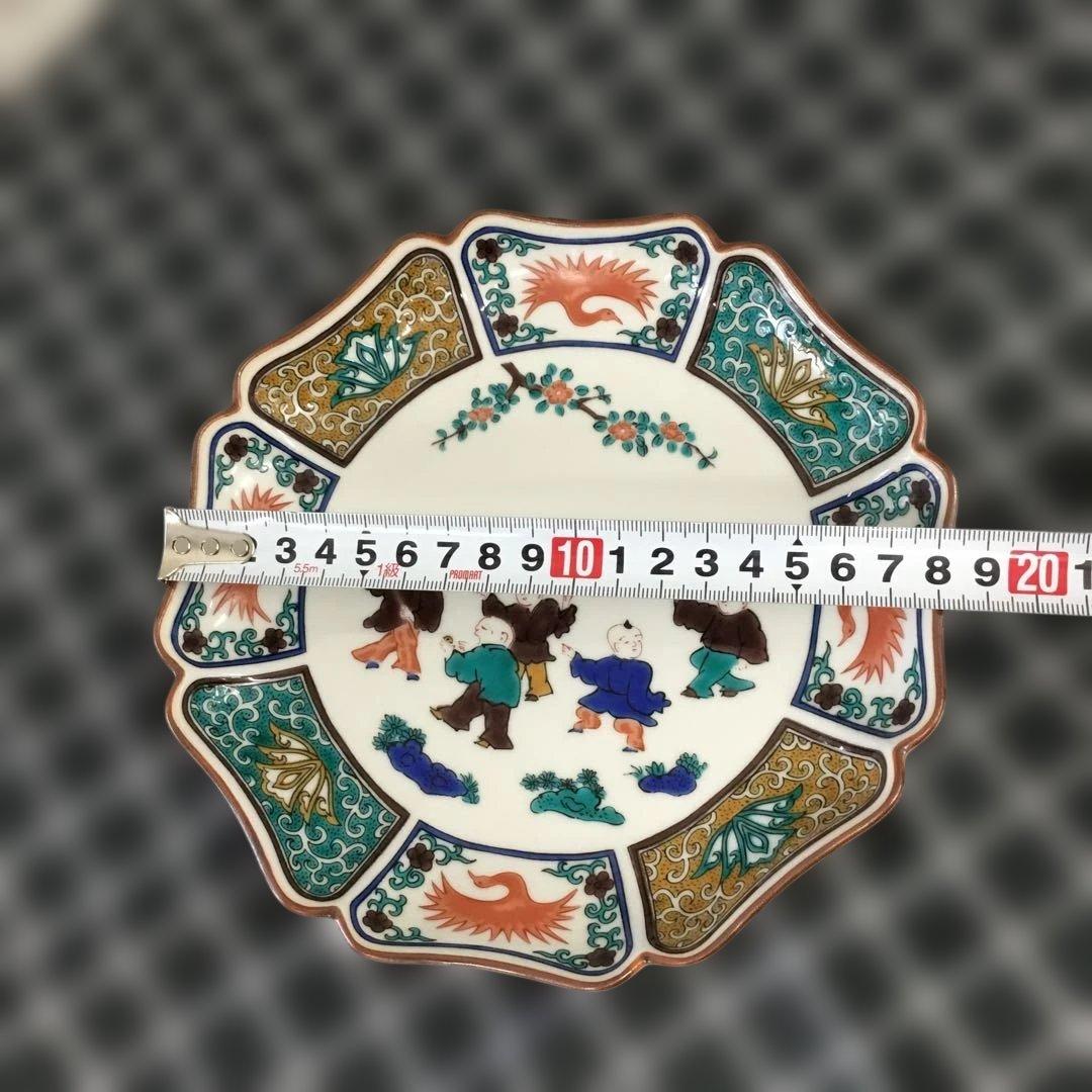 九谷焼　青郊窯　青手九谷唐子図八角皿4枚　クタニヤキ
