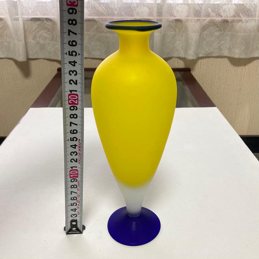 HOYAクリスタル 花瓶 花器 フラワーベース 置物 硝子 イエロー 青 レトロ