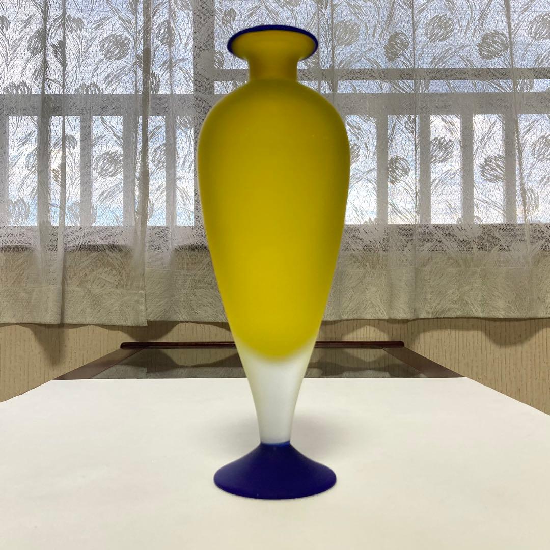 HOYAクリスタル 花瓶 花器 フラワーベース 置物 硝子 イエロー 青 レトロ