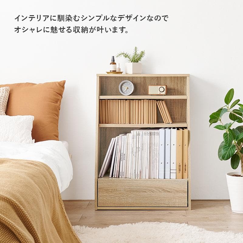 1cm刻みで調節引き出し付き本棚 ロー 幅60cm ナチュラル [8480]