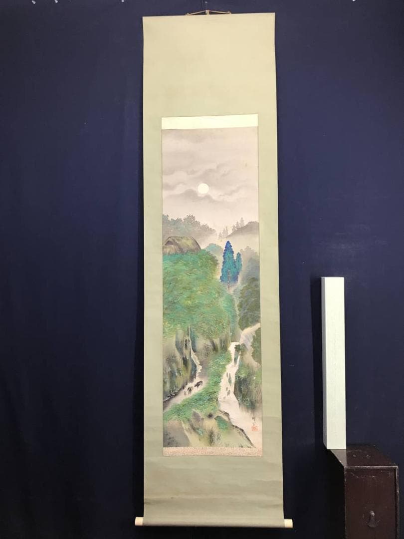 【真作】雅鳳/月夜道図/山水図/人物図/掛軸/名家伝来/AD-40