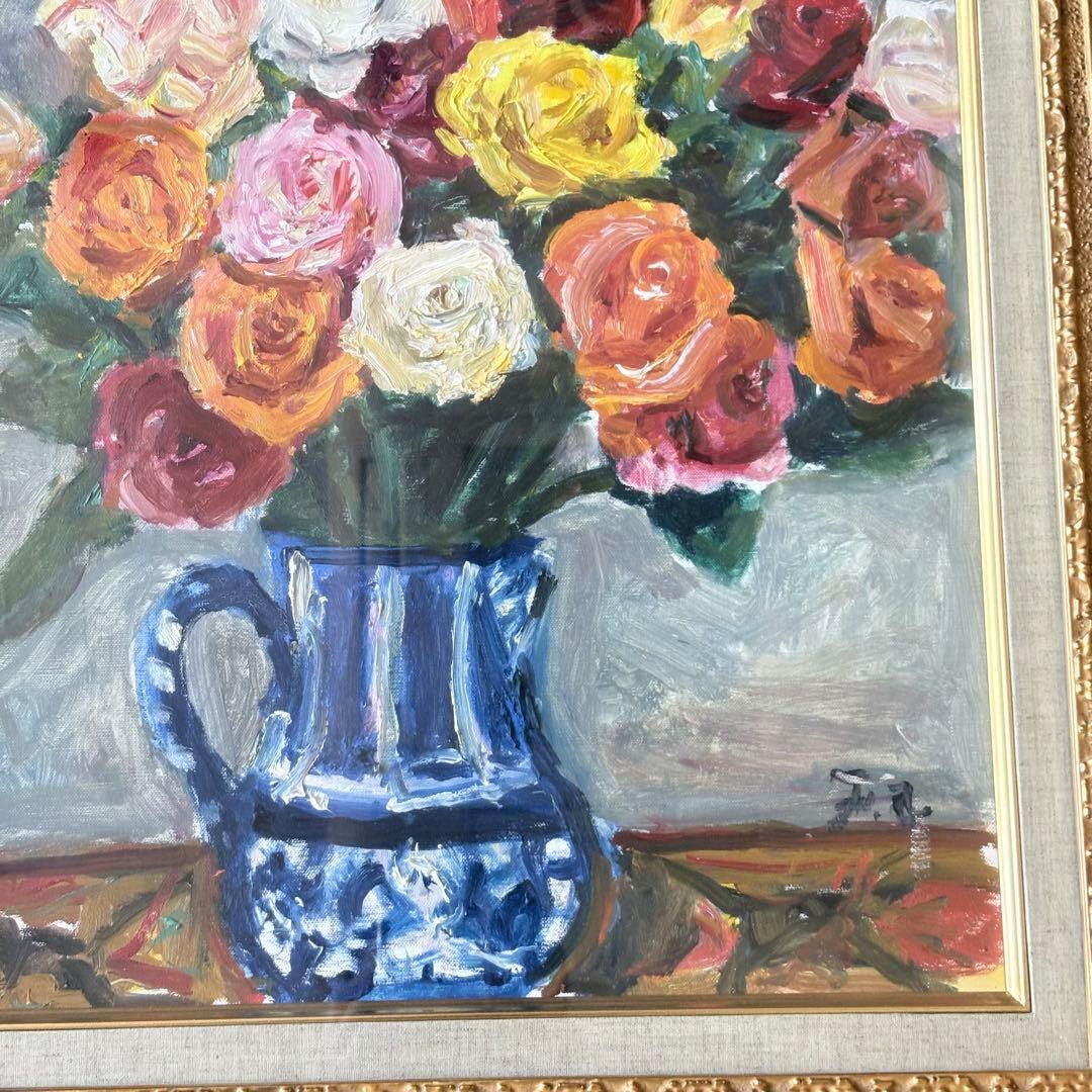 朝比奈文雄「薔薇」油彩 F8 額装 日展評議員 油絵 油画 絵画