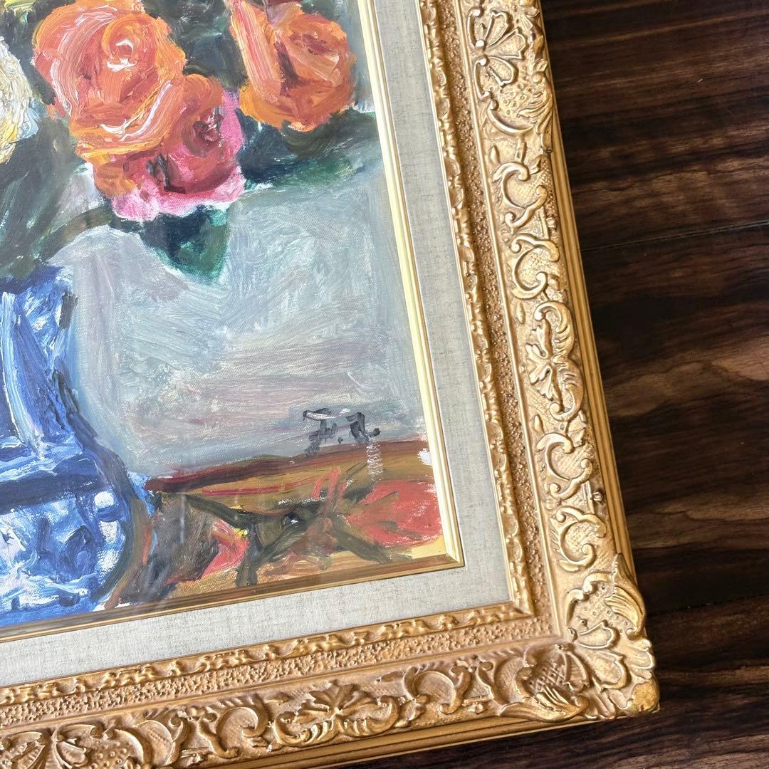 朝比奈文雄「薔薇」油彩 F8 額装 日展評議員 油絵 油画 絵画