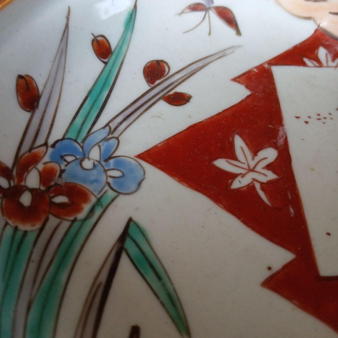 古伊万里 九谷 色絵、花と昆虫のデザイン皿4枚