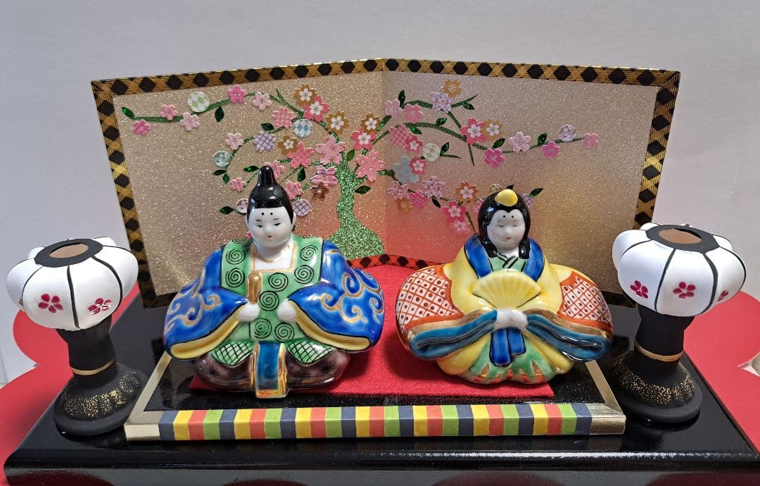 特価3月3日まで k-⑪九谷焼 ひな人形 3号 親王飾り 菊仙作 唐草 鹿の子