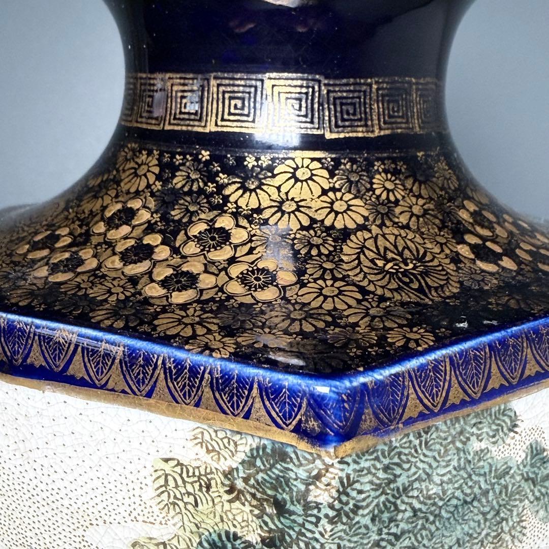 幕末〜明治期　瑠璃薩摩　美人図六角花瓶　共箱　蒐集家　豪商旧蔵品　高30.8cm