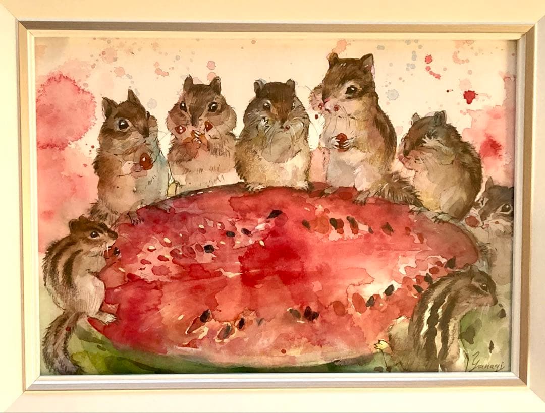 水彩画 原画 みんなでスイカたべよ！