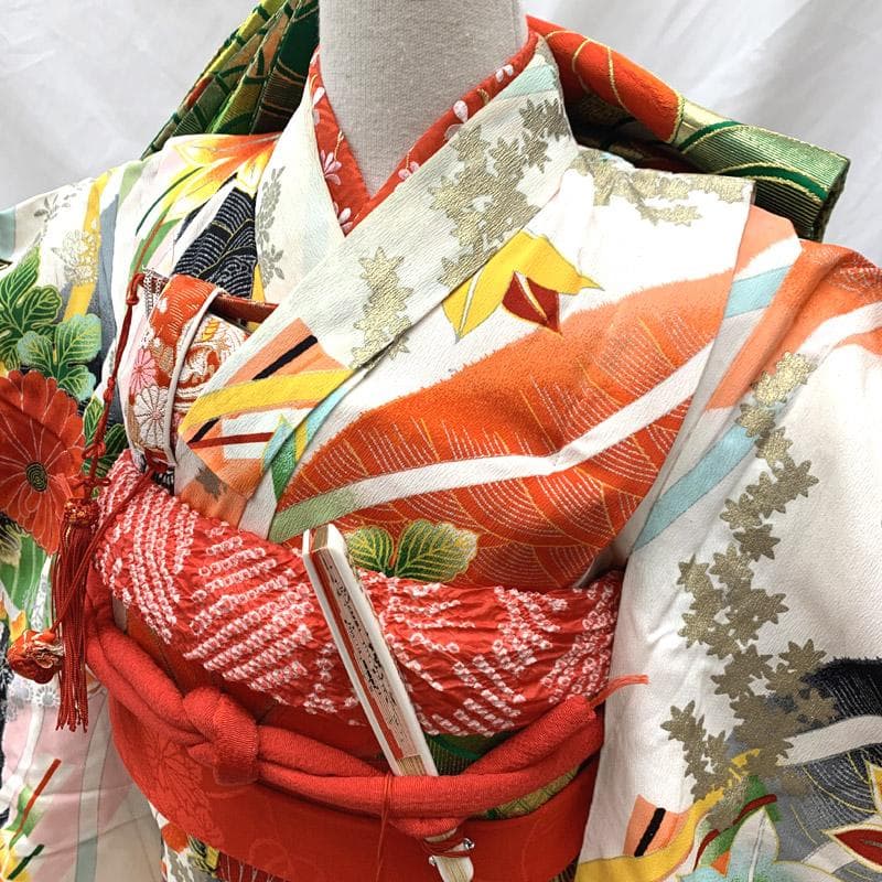 511ag62■七五三 七歳 女児 セミアンティーク着物&丸帯&長襦袢 菊■良好