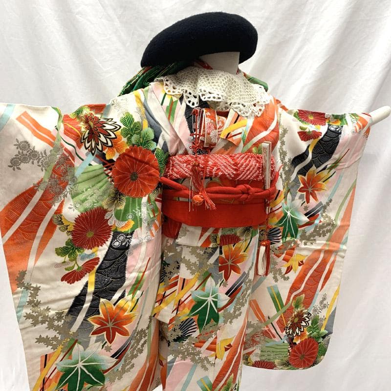 511ag62■七五三 七歳 女児 セミアンティーク着物&丸帯&長襦袢 菊■良好