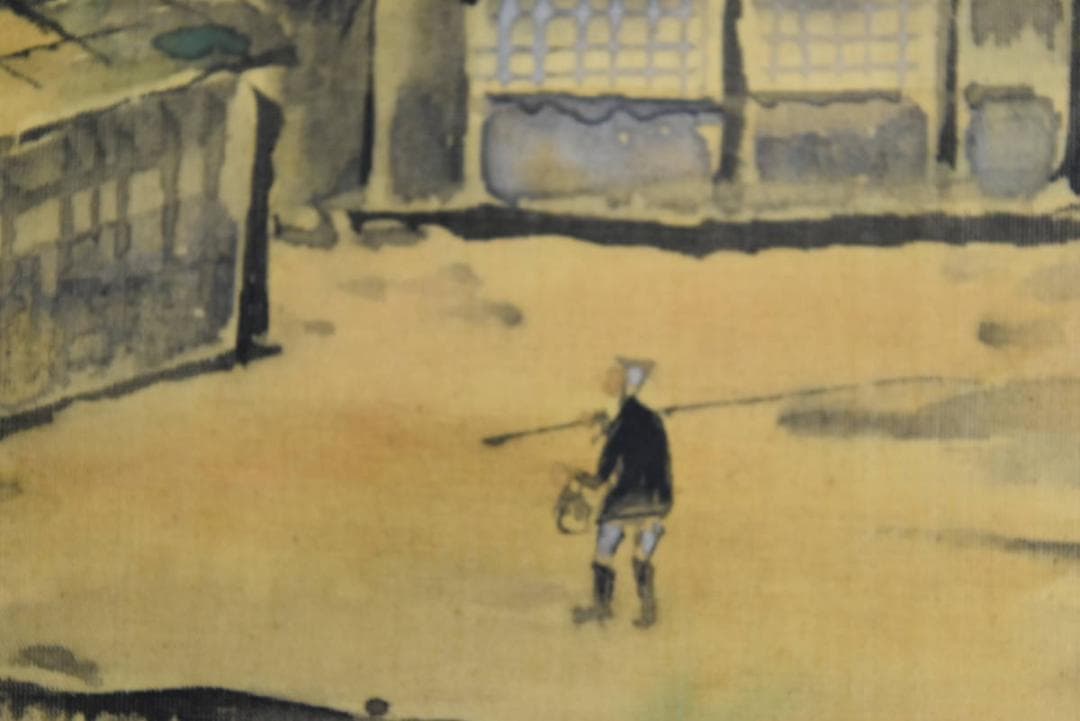 【真作】自然/湖村釣人図/横物/掛軸☆宝船☆AB-110