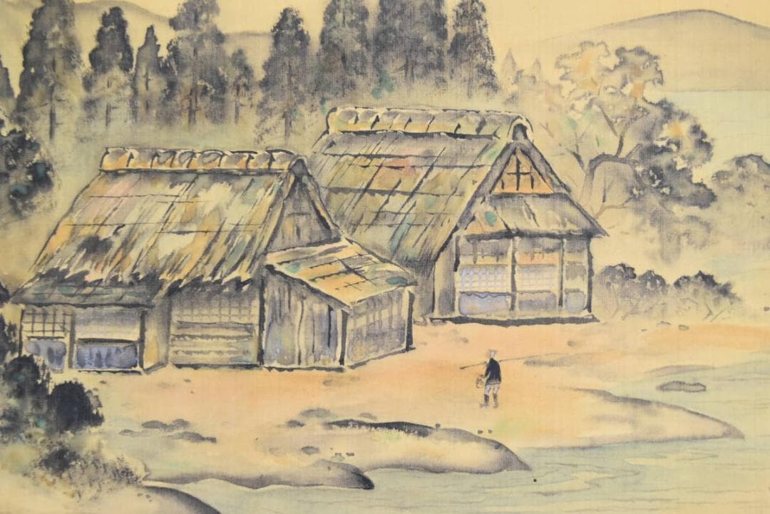 【真作】自然/湖村釣人図/横物/掛軸☆宝船☆AB-110