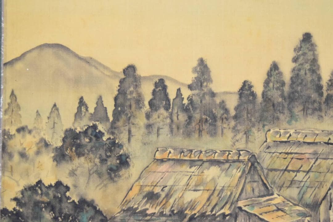 【真作】自然/湖村釣人図/横物/掛軸☆宝船☆AB-110