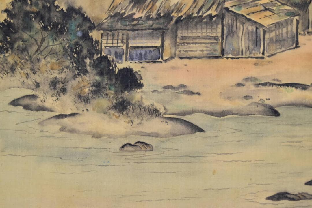 【真作】自然/湖村釣人図/横物/掛軸☆宝船☆AB-110