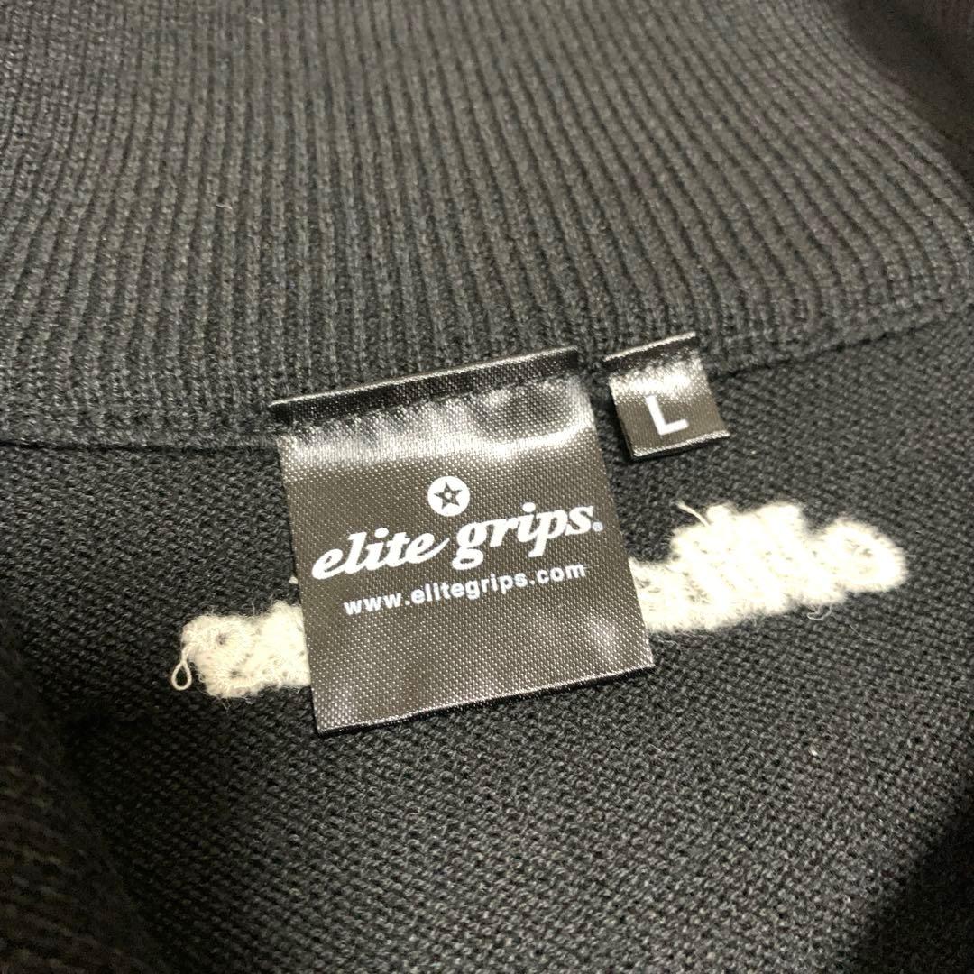 【美品】elite grips. ジップアップニット セーター L 刺繍ロゴ 黒