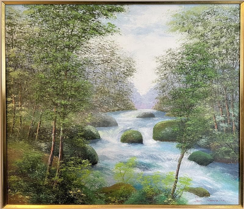「真作」川田順『渓流(奥入瀬)』風景画　油彩画　額装　サイン有り　F10号