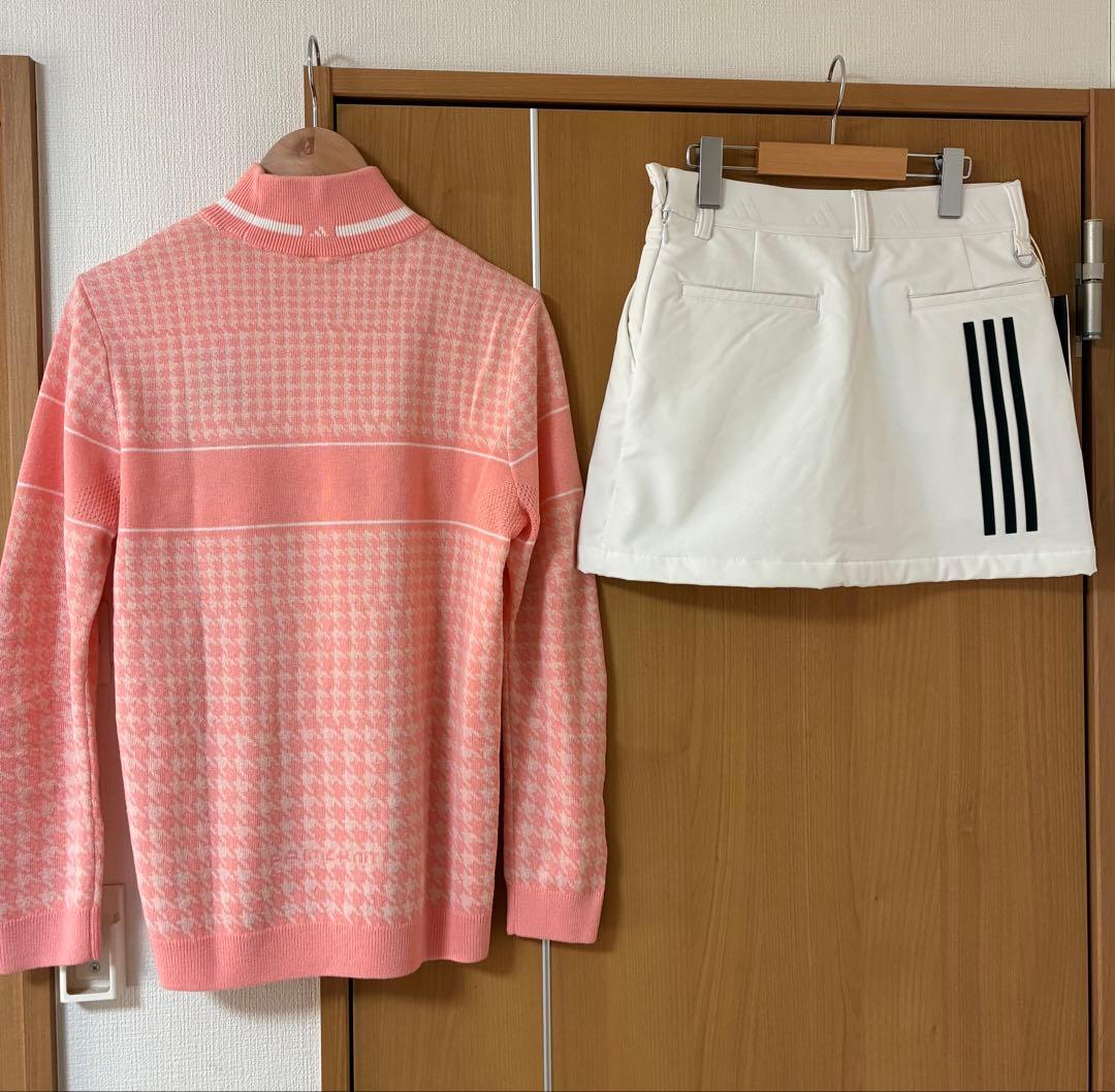 新品　M アディダス プライムニット千鳥格子 × スカート セットアップ　ピンク