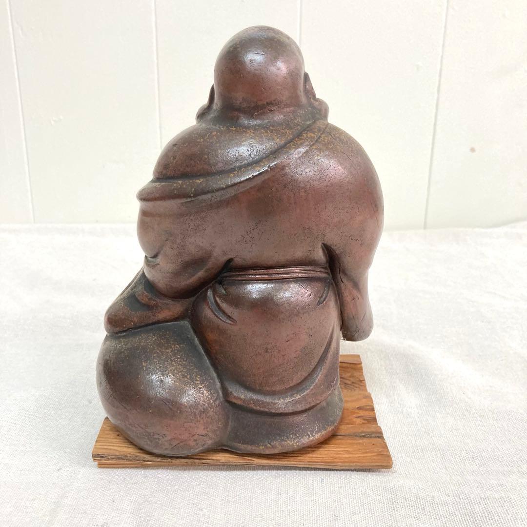 備前焼 布袋様 陶像 木製台座付き 時代物 焼き物 伝統工芸