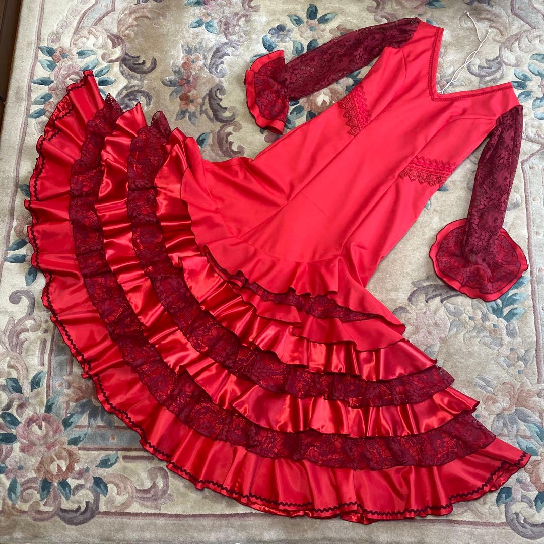 フラメンコ衣装　ハンドメイド　赤のワンピース＆ピキージョ