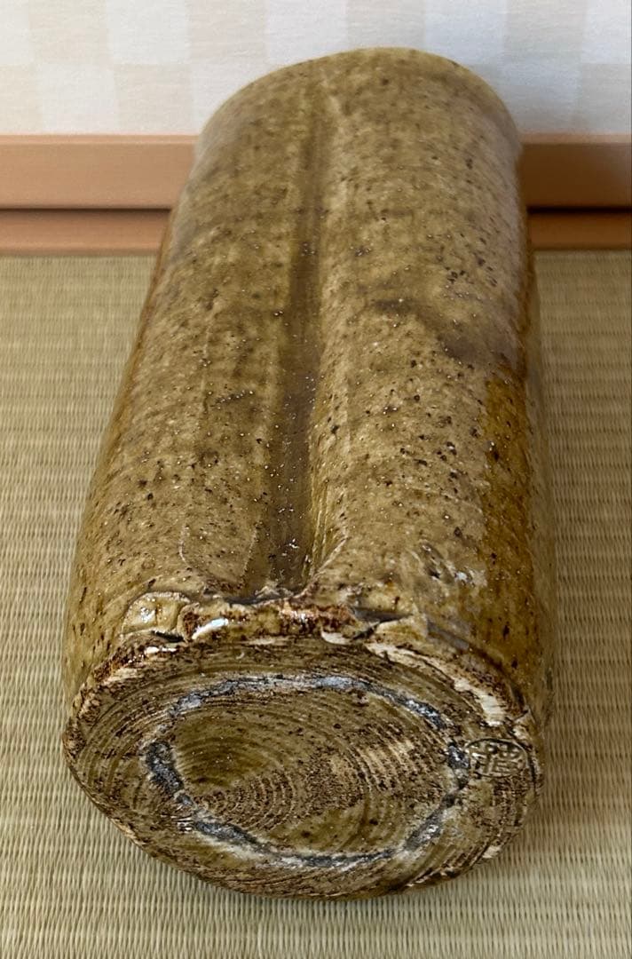 陶芸家 加藤春鼎 作 黄瀬戸 花入 共箱付 在銘 花瓶 茶道具 美濃焼 作家物