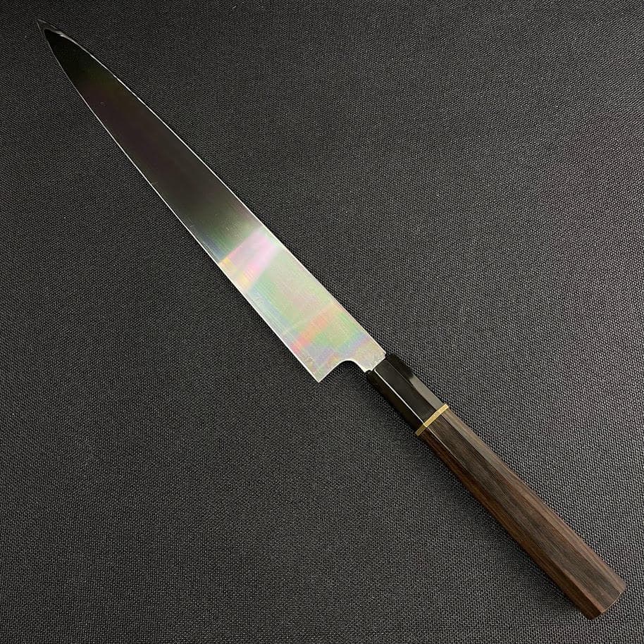 ほぼ未使用●丸越産業● 柳刃包丁 刺身包丁 本焼き 合金鋼 黒檀柄 白木鞘