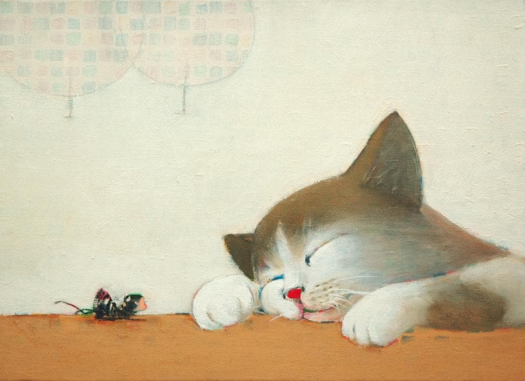 油絵 菅家令子 絵 絵画インテリア 額付(黒) F4-072019 猫と女の子蟻