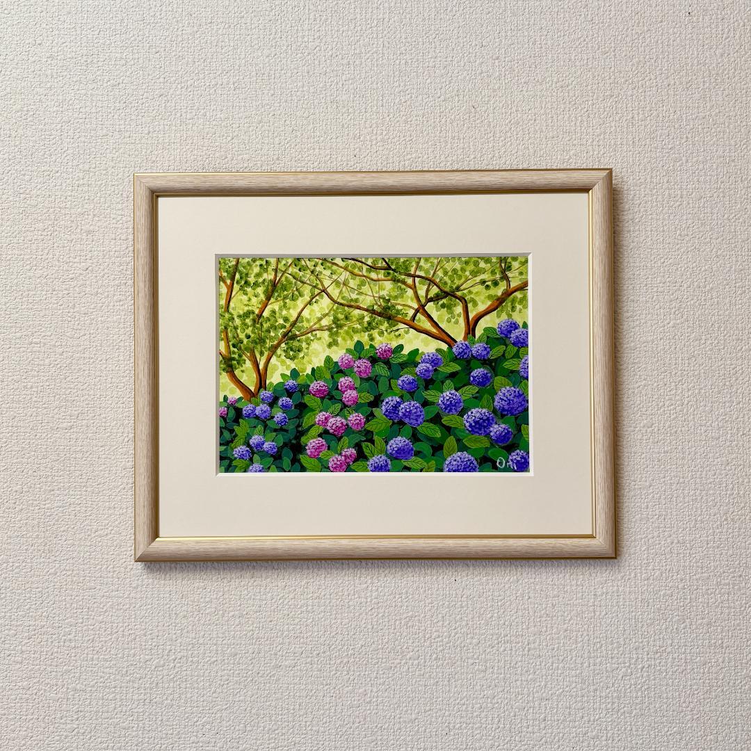 アクリル画　原画　「紫陽花02」額縁付　SMサイズ　風景画