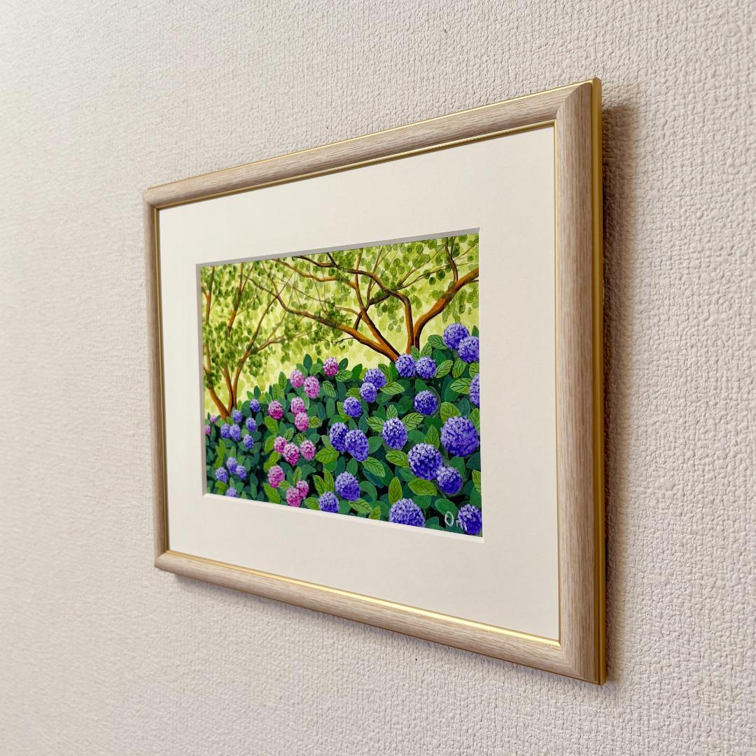 アクリル画　原画　「紫陽花02」額縁付　SMサイズ　風景画