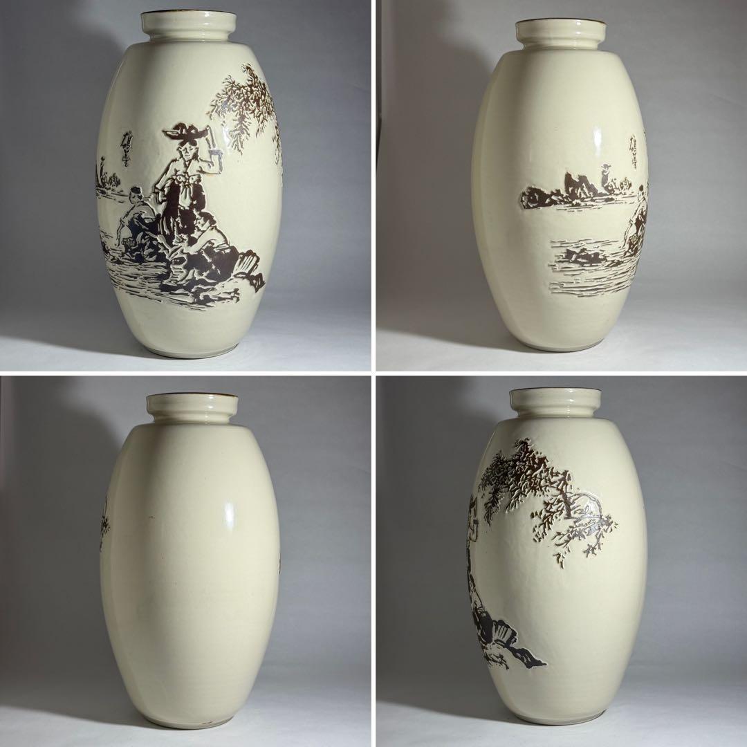 ◆韓国無形文化財【曹基正】作 白磁浮彫人物図大花瓶 45.3cm 無等窯 共箱◆