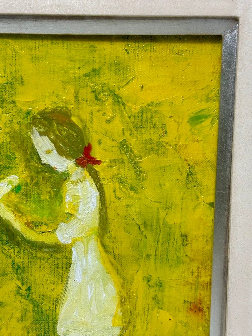 #杢田たけを『小鳥と少女』　油彩画　原画 直筆サイン