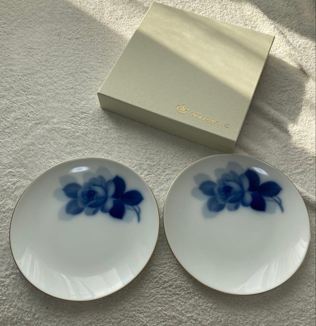 新品　未使用　大倉陶園　Okura 青いバラ 皿 2枚セット　ブルーローズ