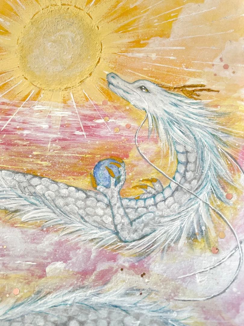 【原画】一点物　龍神様　白龍　太陽　絵画　原画　開運