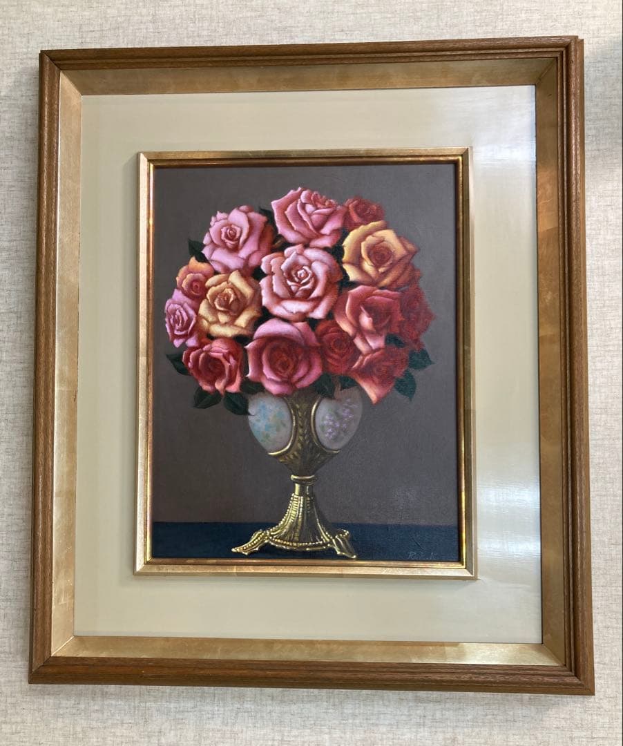 バラの花束 油彩画 F6額装　古物