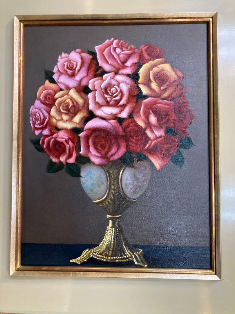 バラの花束 油彩画 F6額装　古物